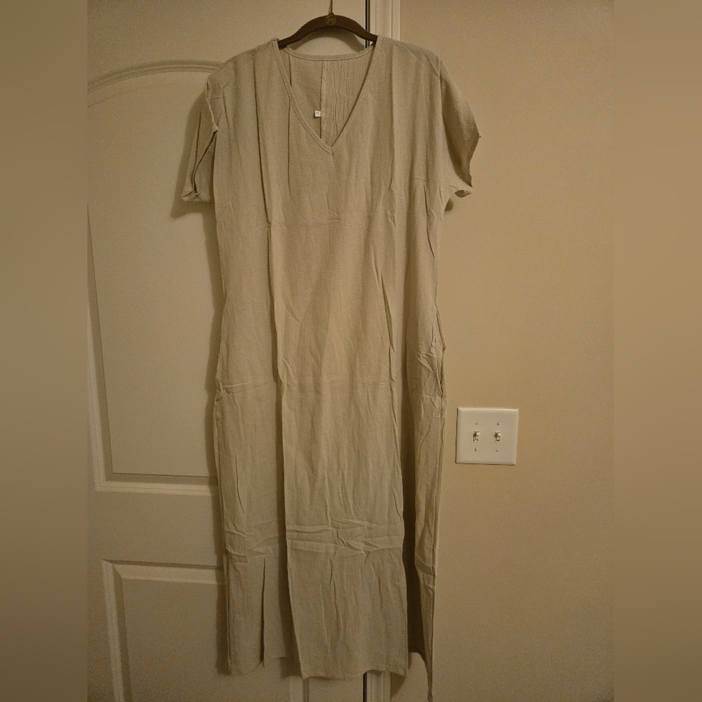 V-Neck Beige Linen Maxi Dress with Pockets